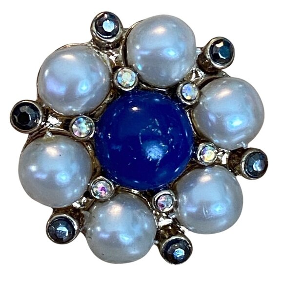 Vintage Clip-On Earrings With Faux Pearls & Blue Cabochons - Picture 2 of 6